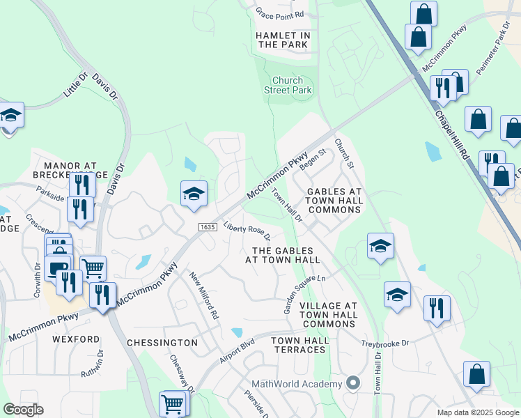 map of restaurants, bars, coffee shops, grocery stores, and more near 5911 McCrimmon Parkway in Morrisville