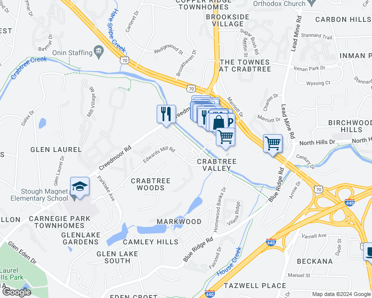 map of restaurants, bars, coffee shops, grocery stores, and more near 4700 Riverwood Circle in Raleigh