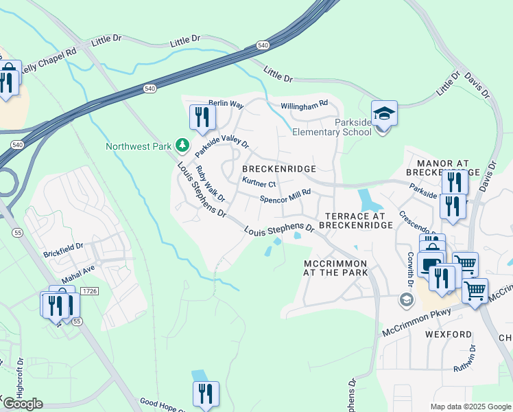 map of restaurants, bars, coffee shops, grocery stores, and more near 102 Bristolwood Circle in Morrisville