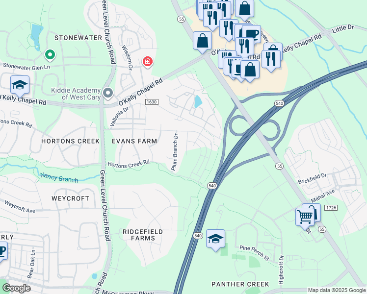 map of restaurants, bars, coffee shops, grocery stores, and more near 4130 Plum Branch Drive in Cary