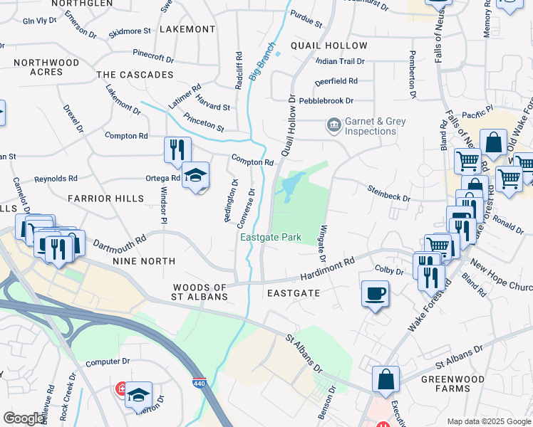 map of restaurants, bars, coffee shops, grocery stores, and more near 4109 Quail Hollow Drive in Raleigh