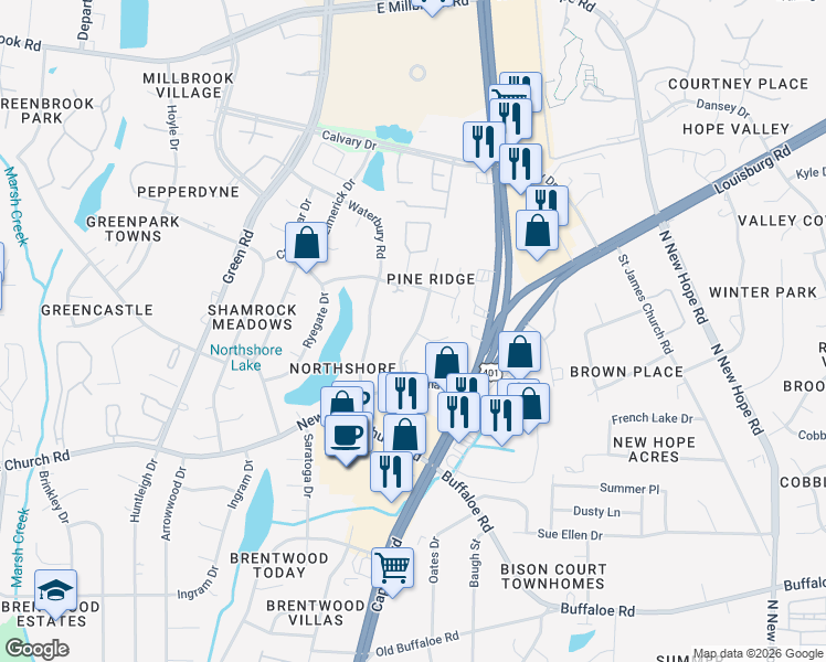 map of restaurants, bars, coffee shops, grocery stores, and more near 4317 Lake Ridge Drive in Raleigh