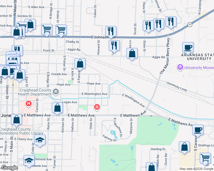 map of restaurants, bars, coffee shops, grocery stores, and more near 1223 Hope Avenue in Jonesboro