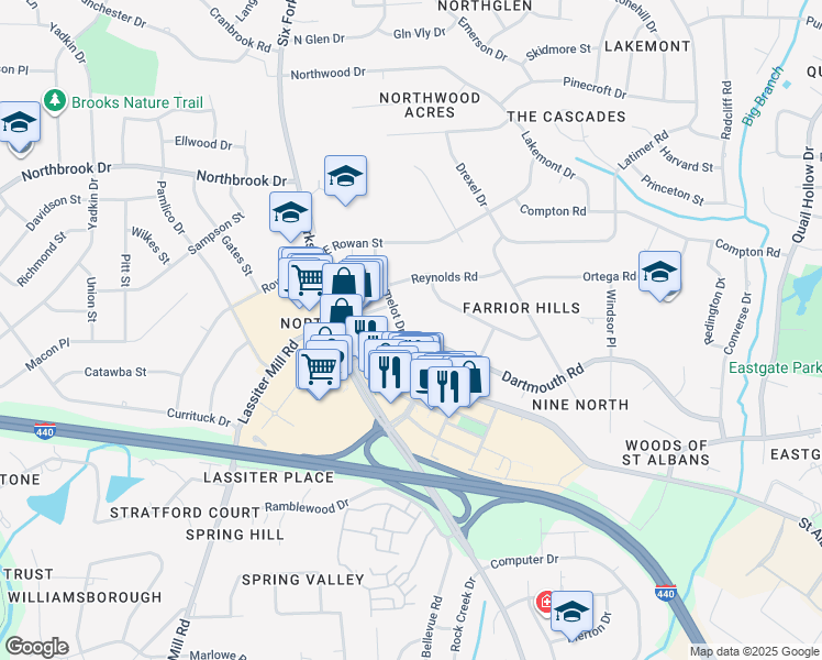 map of restaurants, bars, coffee shops, grocery stores, and more near 4300 Camelot Drive in Raleigh