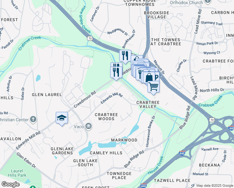 map of restaurants, bars, coffee shops, grocery stores, and more near 4902 Edwards Mill Road in Raleigh