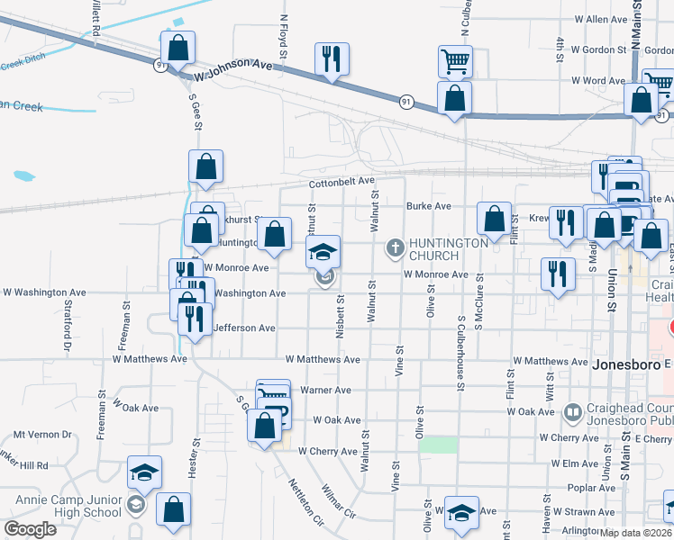 map of restaurants, bars, coffee shops, grocery stores, and more near 1030 West Monroe Avenue in Jonesboro