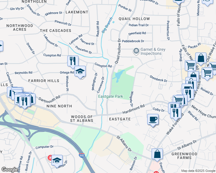 map of restaurants, bars, coffee shops, grocery stores, and more near 4109 Quail Hollow Drive in Raleigh