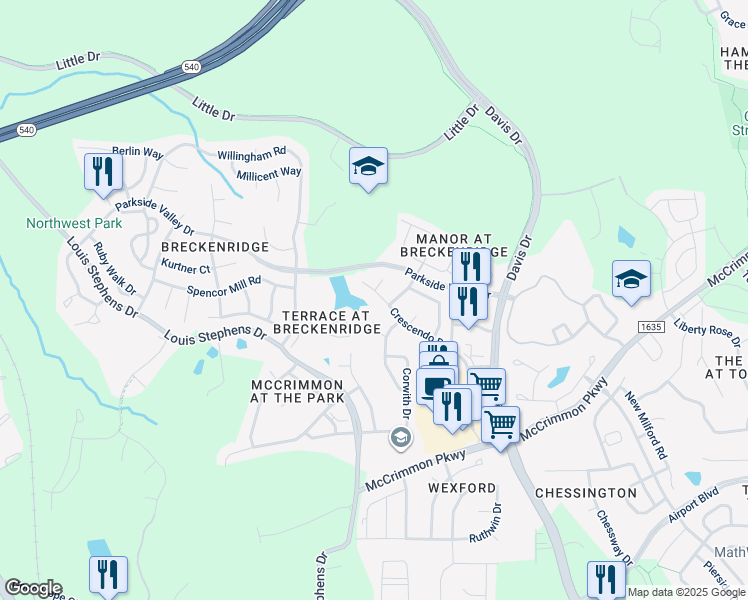 map of restaurants, bars, coffee shops, grocery stores, and more near 505 Crescendo Drive in Morrisville