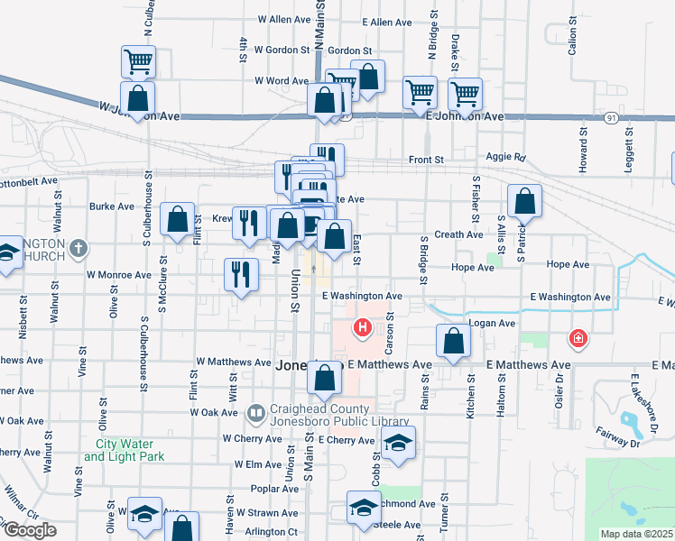 map of restaurants, bars, coffee shops, grocery stores, and more near 324 South Church Street in Jonesboro