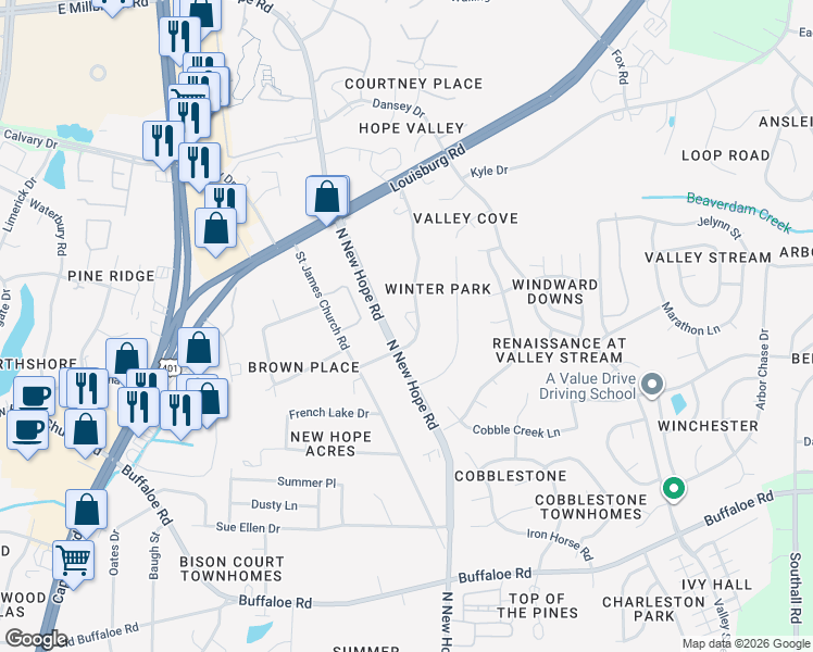 map of restaurants, bars, coffee shops, grocery stores, and more near 4217 James Road in Raleigh