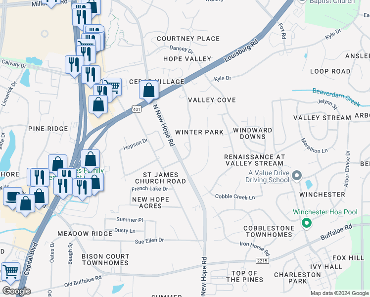 map of restaurants, bars, coffee shops, grocery stores, and more near 4217 James Road in Raleigh