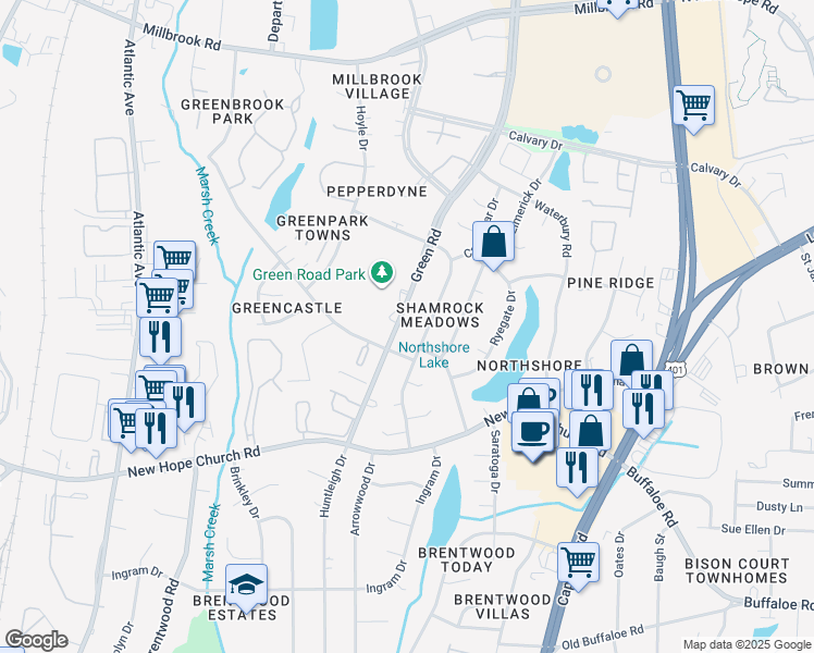 map of restaurants, bars, coffee shops, grocery stores, and more near 4112 Green Road in Raleigh