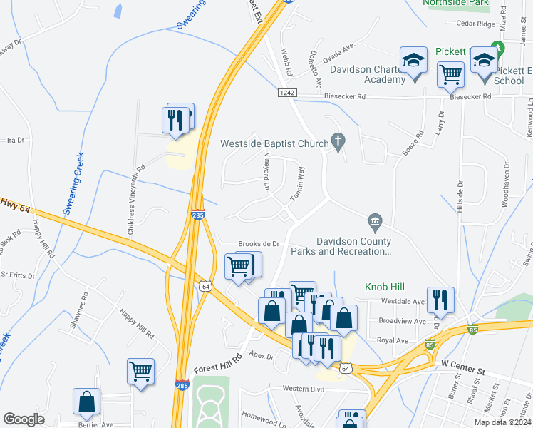 map of restaurants, bars, coffee shops, grocery stores, and more near 212 Crane Creek Way in Lexington