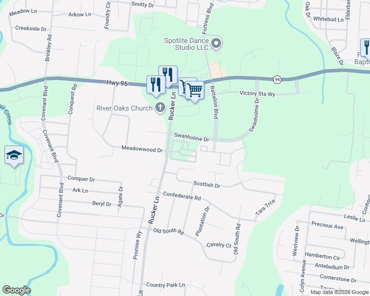 map of restaurants, bars, coffee shops, grocery stores, and more near 205-289 Rucker Ln in Murfreesboro
