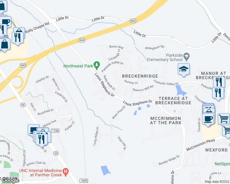 map of restaurants, bars, coffee shops, grocery stores, and more near 306 Great Ridge Court in Morrisville