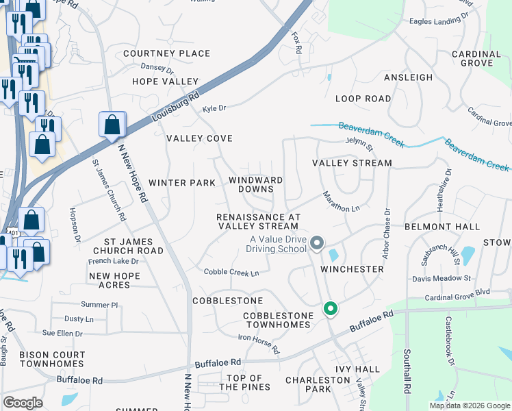 map of restaurants, bars, coffee shops, grocery stores, and more near 4801 Windbreak Lane in Raleigh