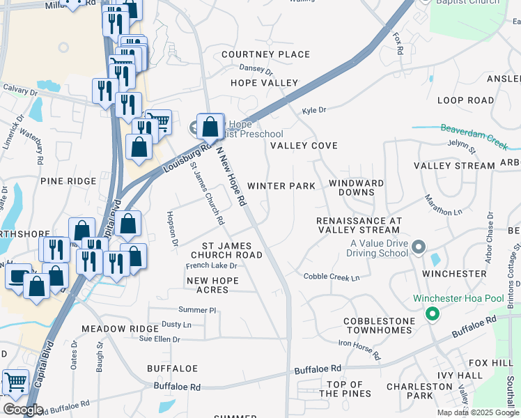 map of restaurants, bars, coffee shops, grocery stores, and more near 4217 James Road in Raleigh