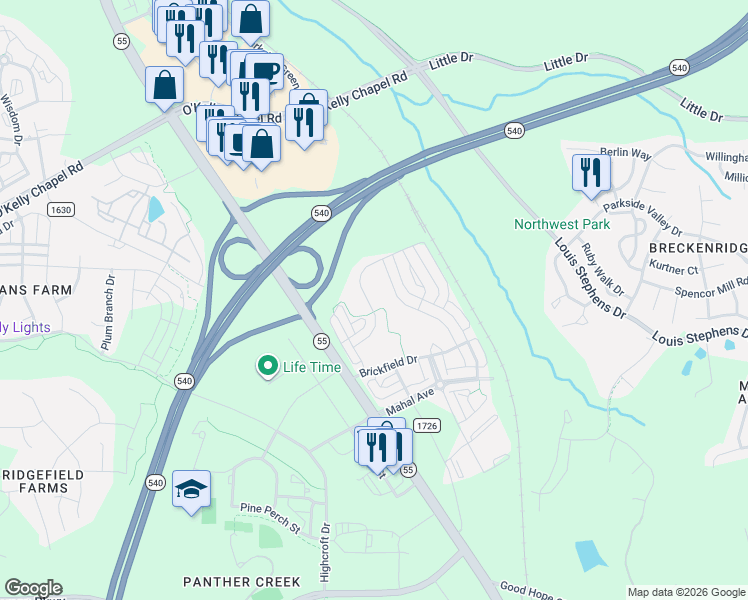 map of restaurants, bars, coffee shops, grocery stores, and more near 1726 Clayfire Drive in Cary