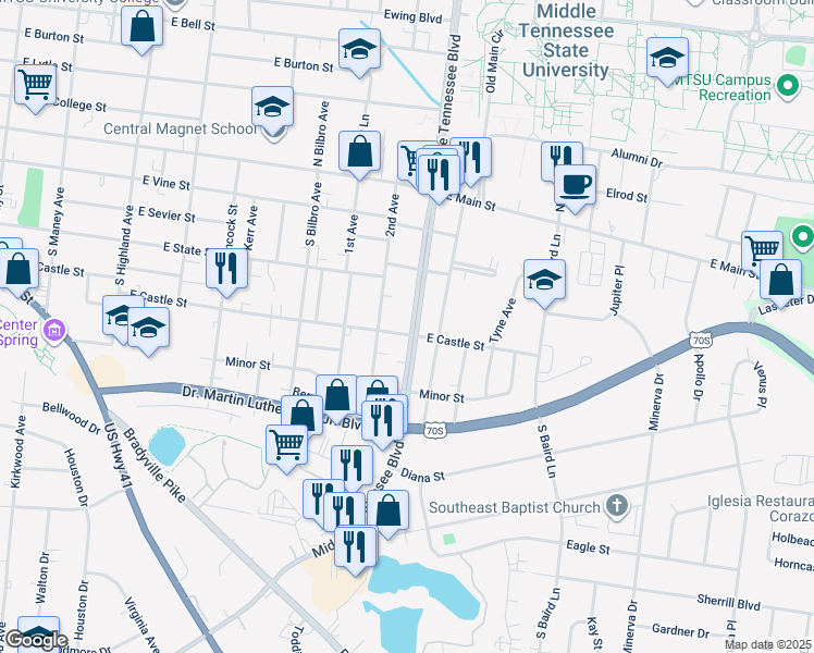 map of restaurants, bars, coffee shops, grocery stores, and more near 1905 Middle Tennessee Boulevard in Murfreesboro