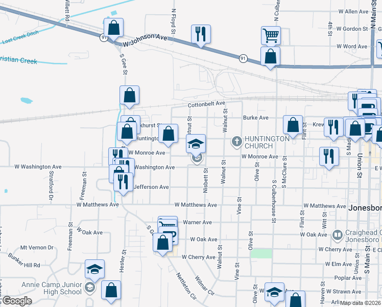 map of restaurants, bars, coffee shops, grocery stores, and more near 1120 West Monroe Avenue in Jonesboro