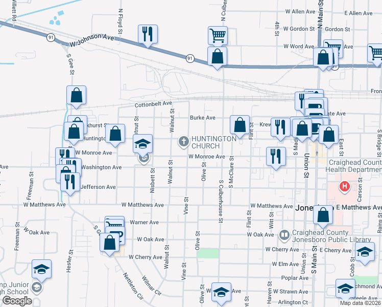 map of restaurants, bars, coffee shops, grocery stores, and more near 822 West Monroe Avenue in Jonesboro