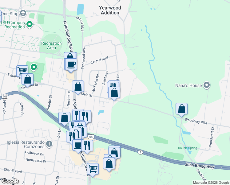map of restaurants, bars, coffee shops, grocery stores, and more near 106 Twin Oak Drive in Murfreesboro