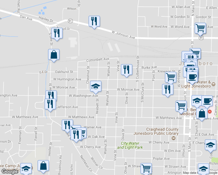 map of restaurants, bars, coffee shops, grocery stores, and more near 926 West Monroe Avenue in Jonesboro