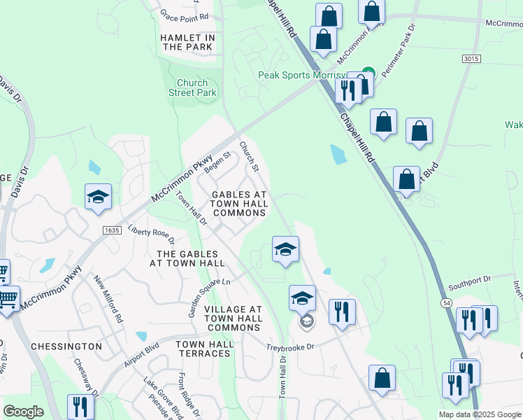 map of restaurants, bars, coffee shops, grocery stores, and more near 600 Courthouse Drive in Morrisville