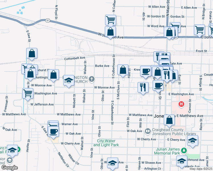 map of restaurants, bars, coffee shops, grocery stores, and more near 718 West Monroe Avenue in Jonesboro