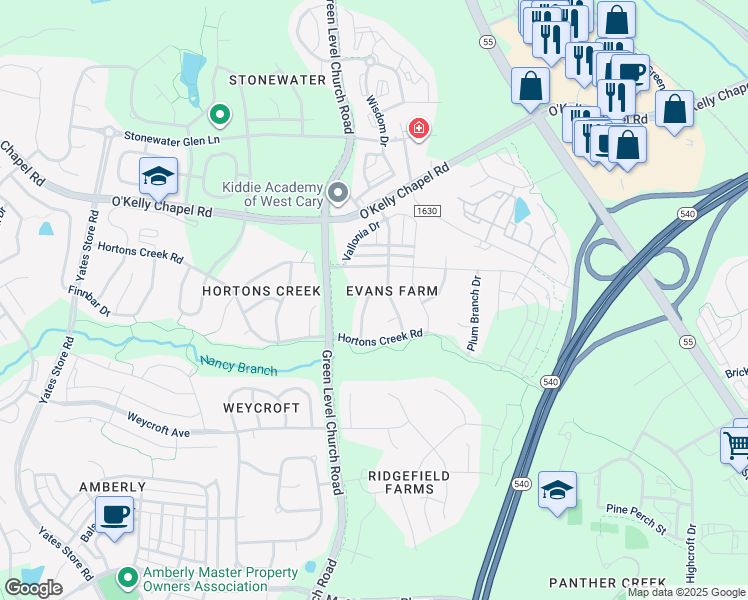 map of restaurants, bars, coffee shops, grocery stores, and more near 3922 Wedonia Drive in Cary