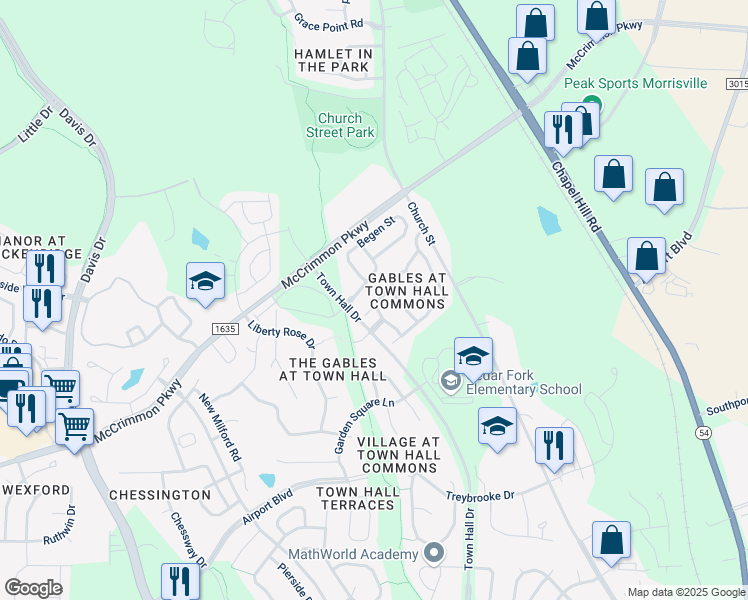 map of restaurants, bars, coffee shops, grocery stores, and more near 306 Founders Walk Drive in Morrisville