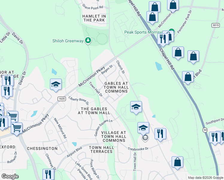 map of restaurants, bars, coffee shops, grocery stores, and more near 107 Bell Tower Way in Morrisville