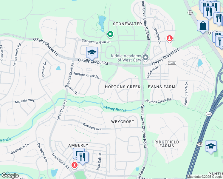 map of restaurants, bars, coffee shops, grocery stores, and more near 504 Summer Harvest Court in Cary