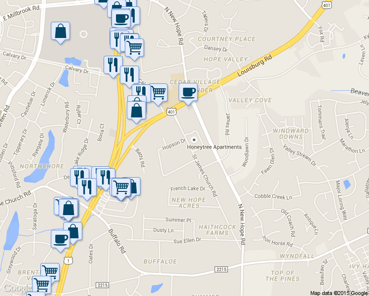 map of restaurants, bars, coffee shops, grocery stores, and more near 4307 Saint James Church Road in Raleigh