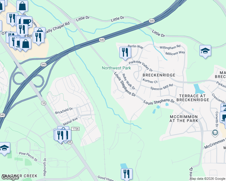 map of restaurants, bars, coffee shops, grocery stores, and more near 202 Hickory Meadow Cir in Morrisville