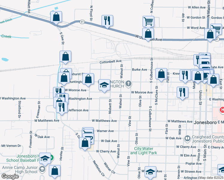 map of restaurants, bars, coffee shops, grocery stores, and more near 1030 West Monroe Avenue in Jonesboro