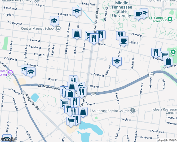 map of restaurants, bars, coffee shops, grocery stores, and more near 1905 Middle Tennessee Boulevard in Murfreesboro