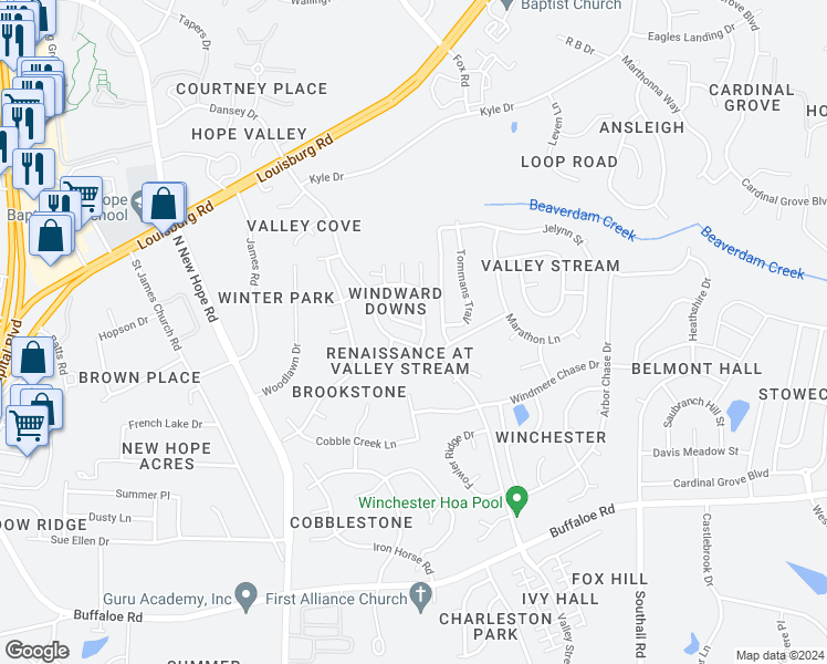 map of restaurants, bars, coffee shops, grocery stores, and more near 4709 Windbreak Lane in Raleigh