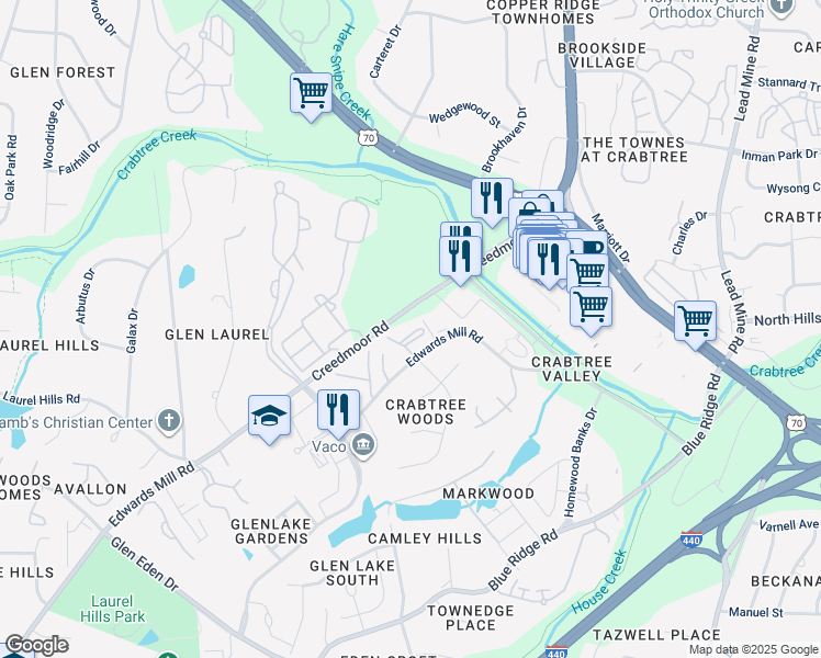map of restaurants, bars, coffee shops, grocery stores, and more near 4711 Edwards Mill Road in Raleigh
