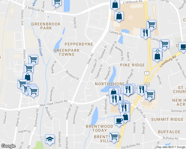 map of restaurants, bars, coffee shops, grocery stores, and more near 4320 Kilcullen Drive in Raleigh