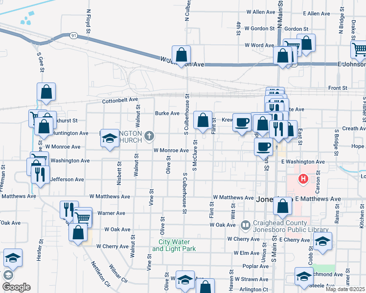map of restaurants, bars, coffee shops, grocery stores, and more near 650 West Monroe Avenue in Jonesboro