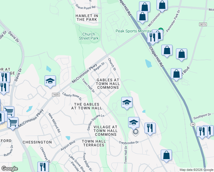 map of restaurants, bars, coffee shops, grocery stores, and more near 107 Bell Tower Way in Morrisville
