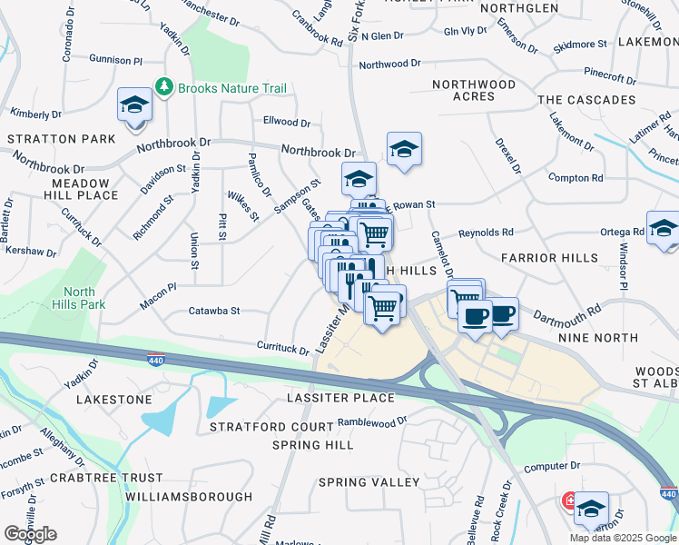 map of restaurants, bars, coffee shops, grocery stores, and more near 4209 Lassiter Mill Road in Raleigh