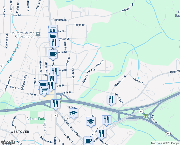 map of restaurants, bars, coffee shops, grocery stores, and more near 200 Flynt Street in Lexington