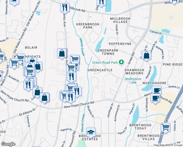 map of restaurants, bars, coffee shops, grocery stores, and more near 4201 Bertram Drive in Raleigh