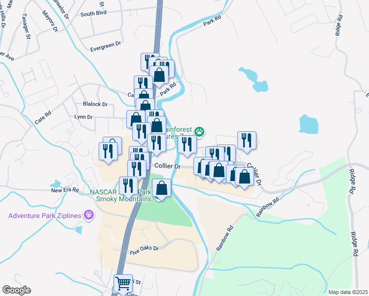 map of restaurants, bars, coffee shops, grocery stores, and more near 1410 Hurley Drive in Sevierville