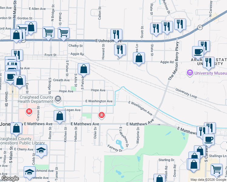 map of restaurants, bars, coffee shops, grocery stores, and more near 1223 Hope Avenue in Jonesboro