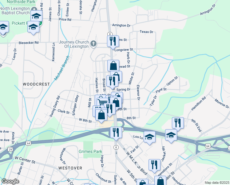 map of restaurants, bars, coffee shops, grocery stores, and more near 1009 Winston Road in Lexington