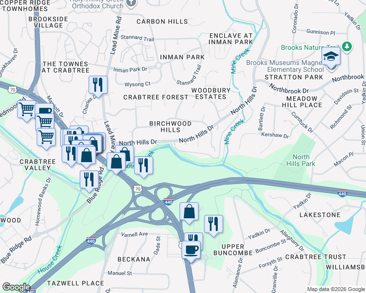 map of restaurants, bars, coffee shops, grocery stores, and more near 1931 North Hills Drive in Raleigh
