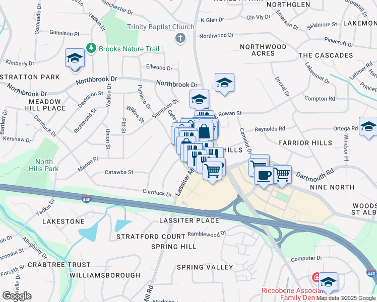 map of restaurants, bars, coffee shops, grocery stores, and more near 4209 Lassiter Mill Road in Raleigh